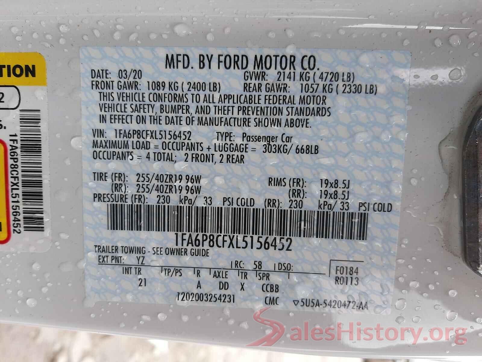 1FA6P8CFXL5156452 2020 FORD MUSTANG