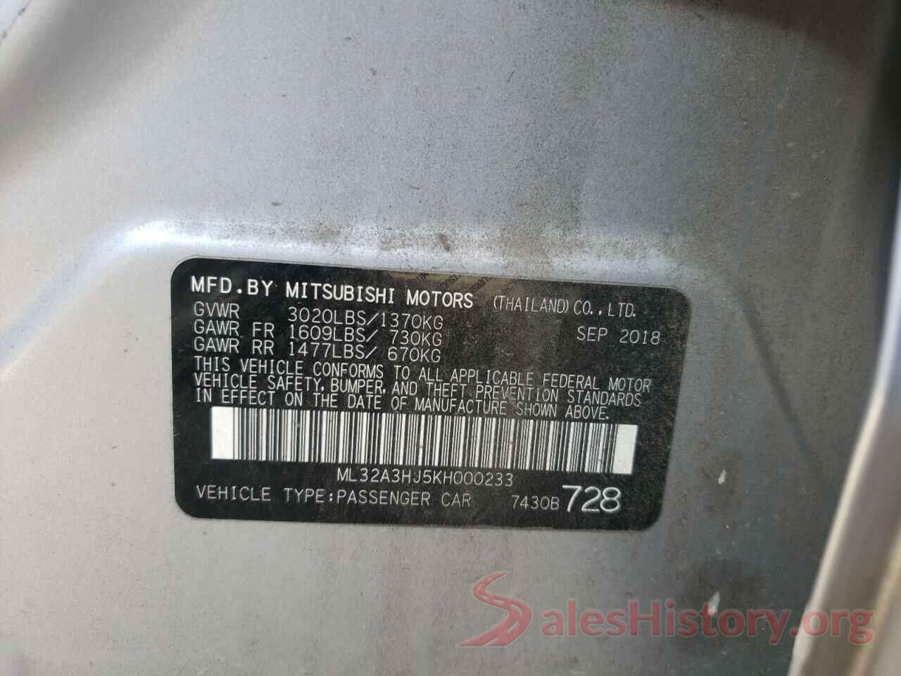 ML32A3HJ5KH000233 2019 MITSUBISHI MIRAGE