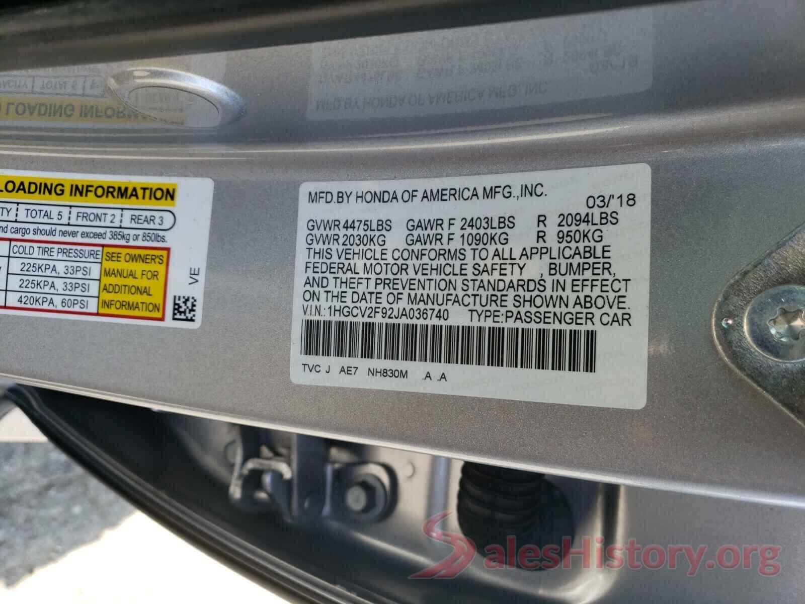 1HGCV2F92JA036740 2018 HONDA ACCORD