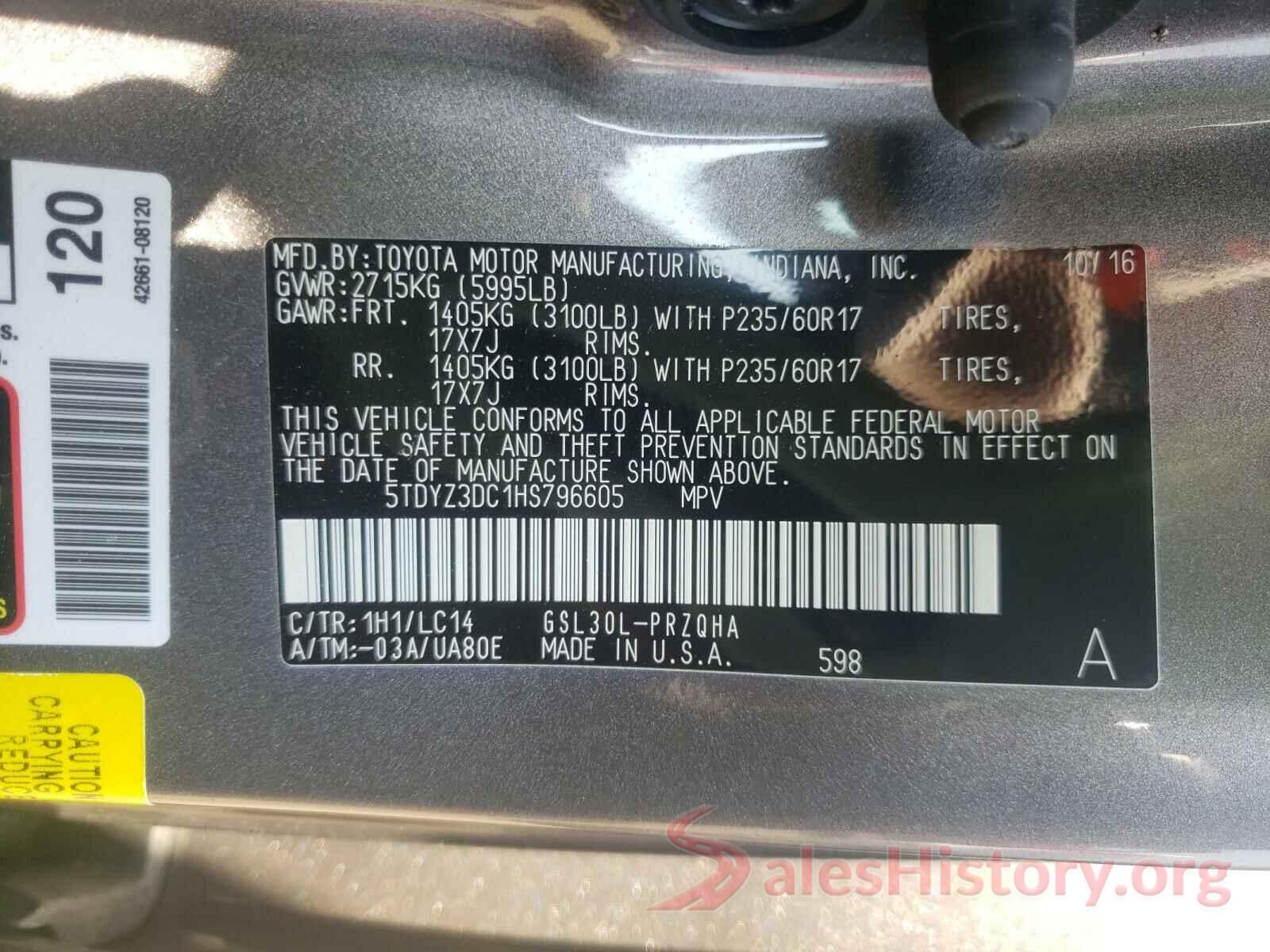 5TDYZ3DC1HS796605 2017 TOYOTA SIENNA