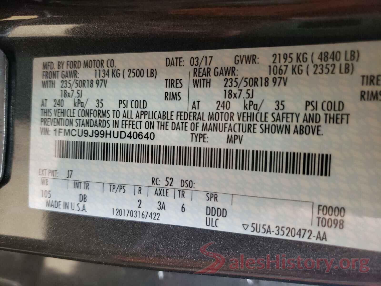 1FMCU9J99HUD40640 2017 FORD ESCAPE