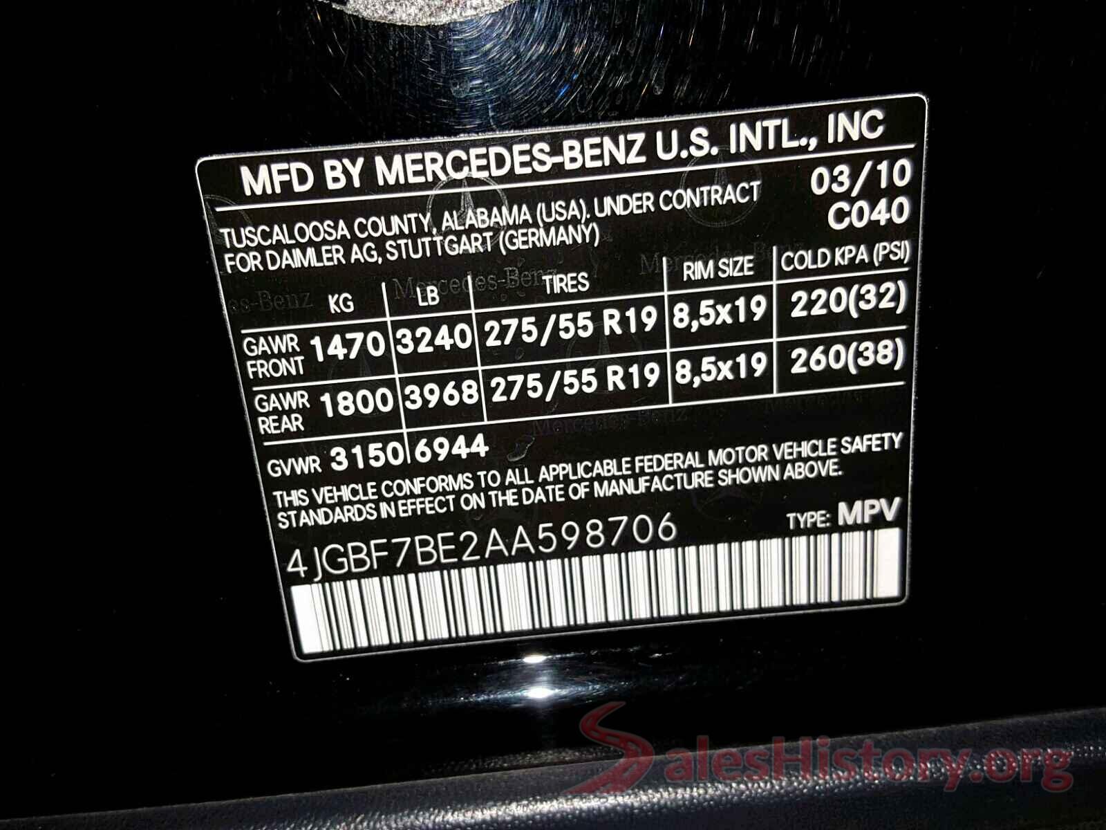 4JGBF7BE2AA598706 2010 MERCEDES-BENZ GL 450 4MA