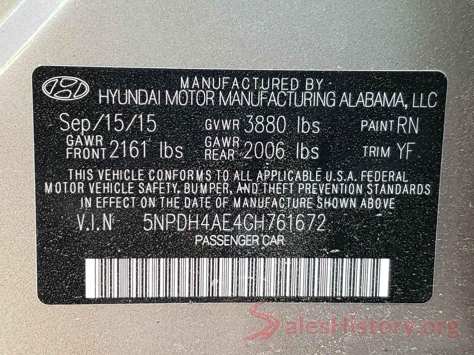 5NPDH4AE4GH761672 2016 HYUNDAI ELANTRA