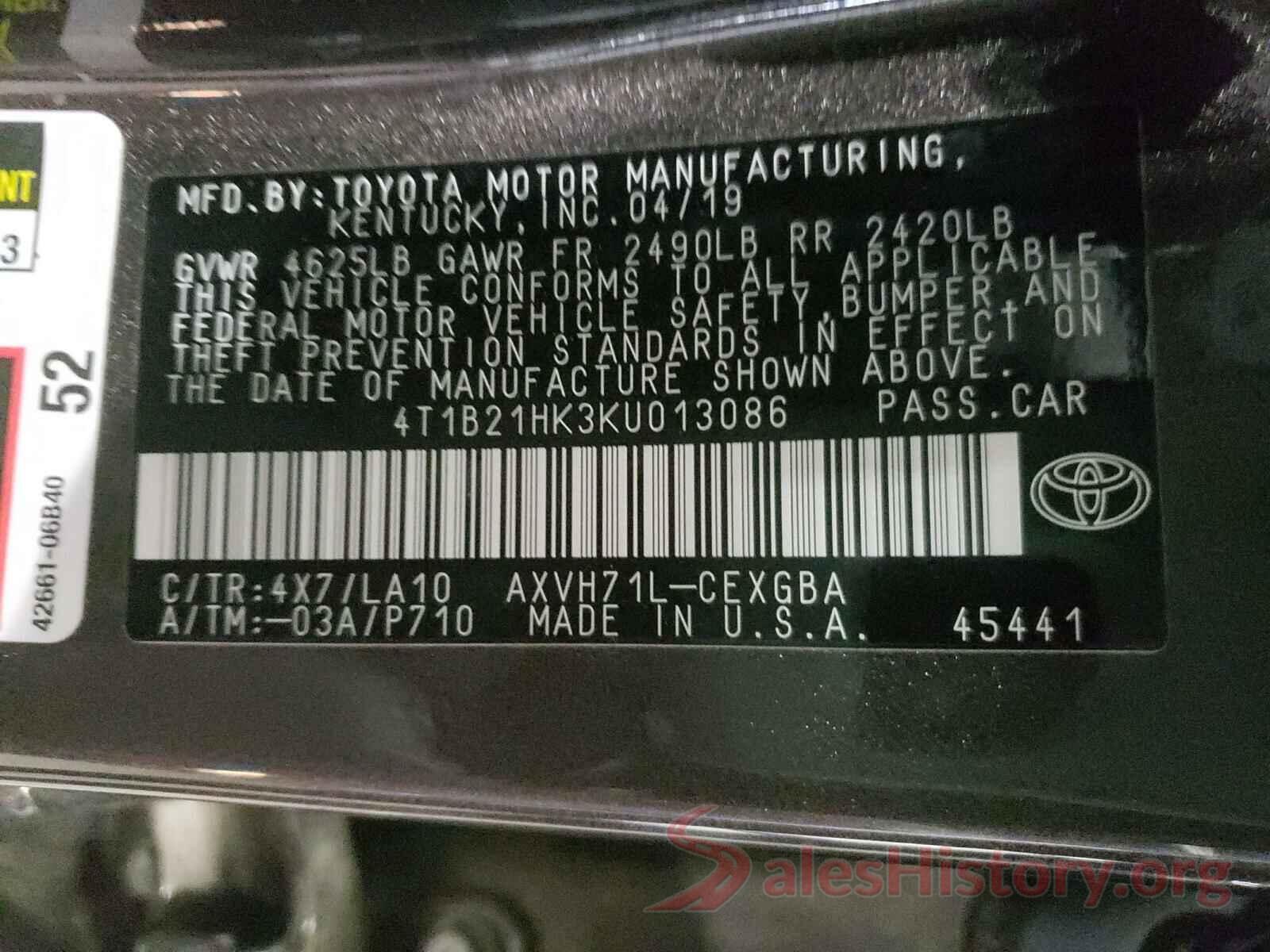 4T1B21HK3KU013086 2019 TOYOTA CAMRY