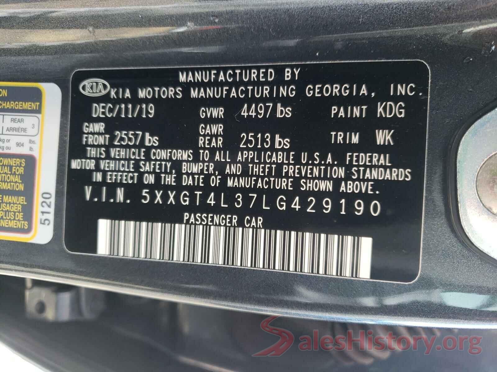 5XXGT4L37LG429190 2020 KIA OPTIMA