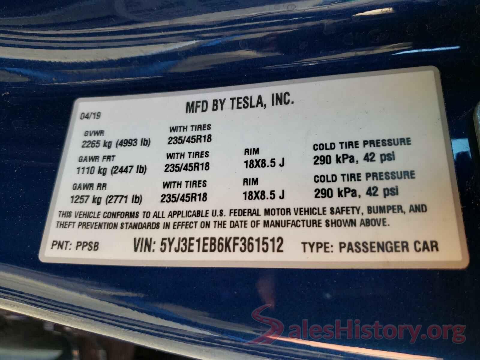 5YJ3E1EB6KF361512 2019 TESLA MODEL 3