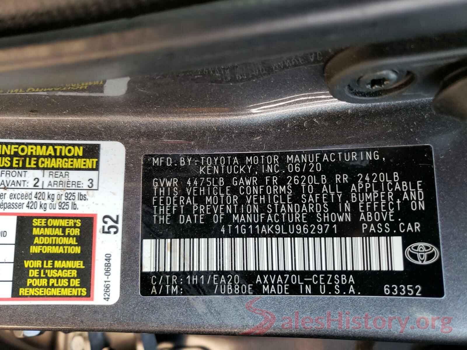 4T1G11AK9LU962971 2020 TOYOTA CAMRY