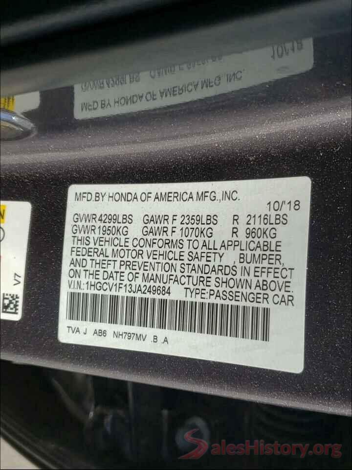 1HGCV1F13JA249684 2018 HONDA ACCORD