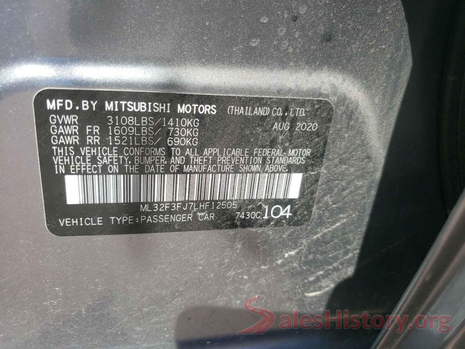 ML32F3FJ7LHF12505 2020 MITSUBISHI MIRAGE