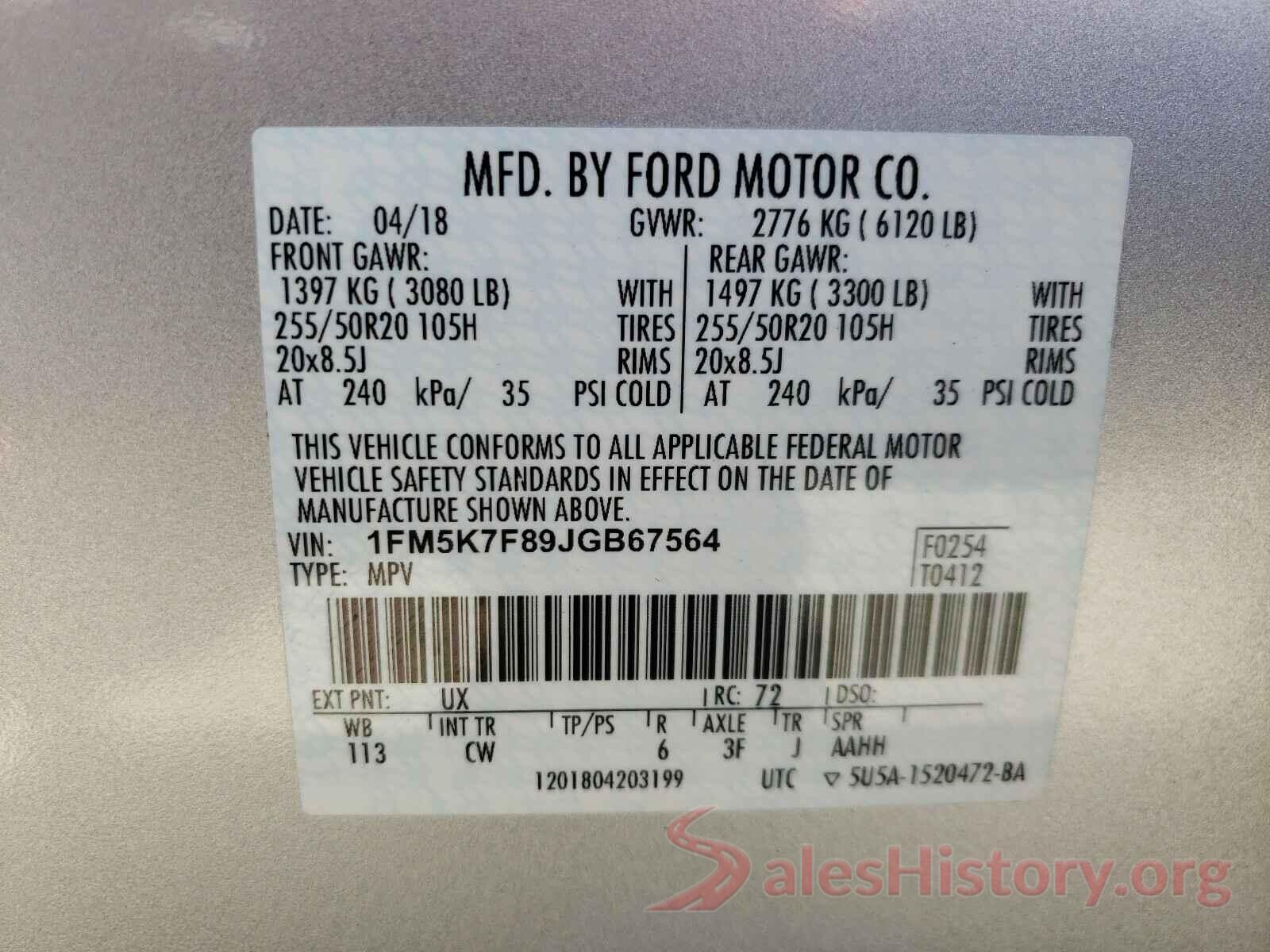 1FM5K7F89JGB67564 2018 FORD EXPLORER