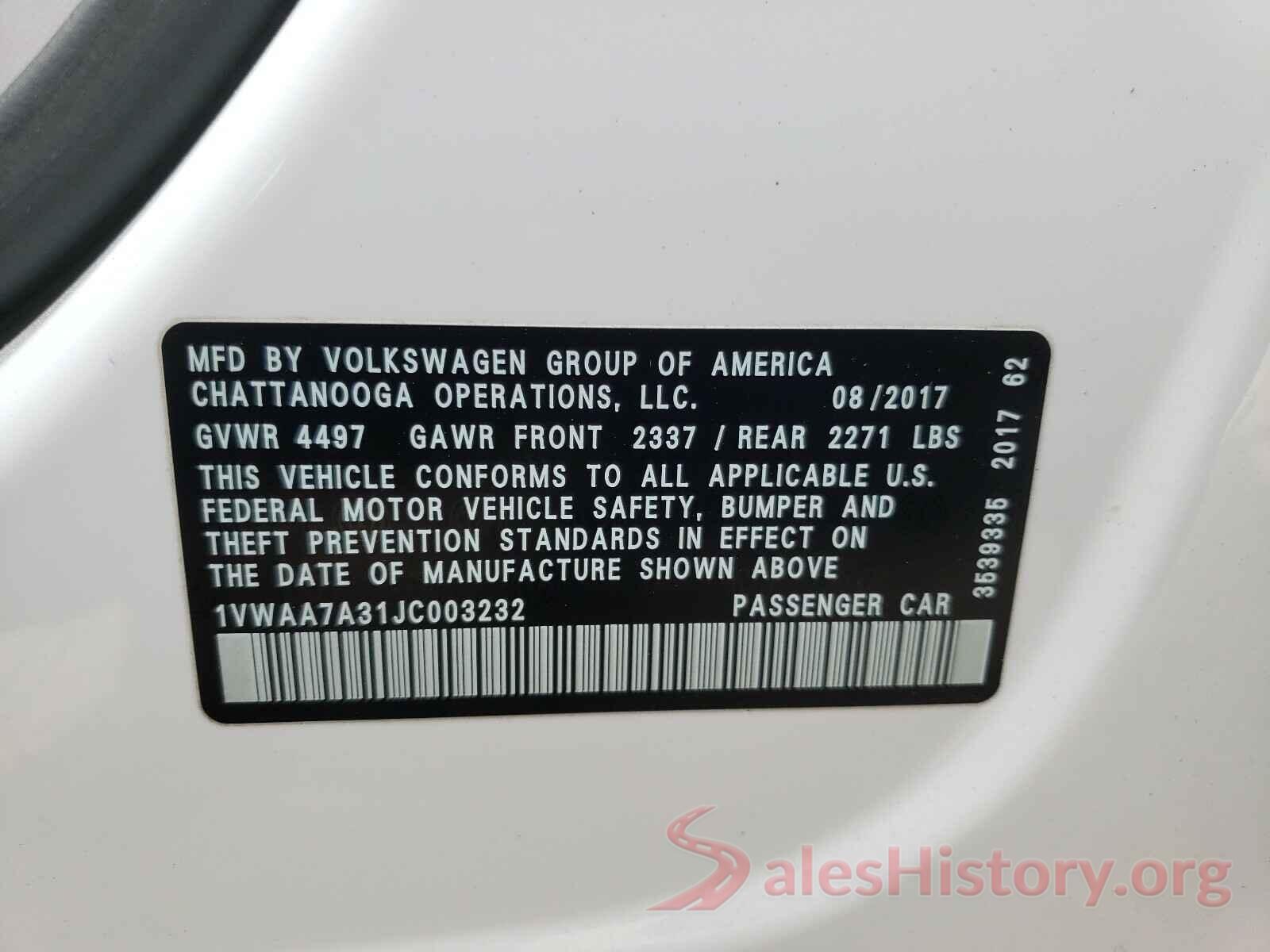 1VWAA7A31JC003232 2018 VOLKSWAGEN PASSAT