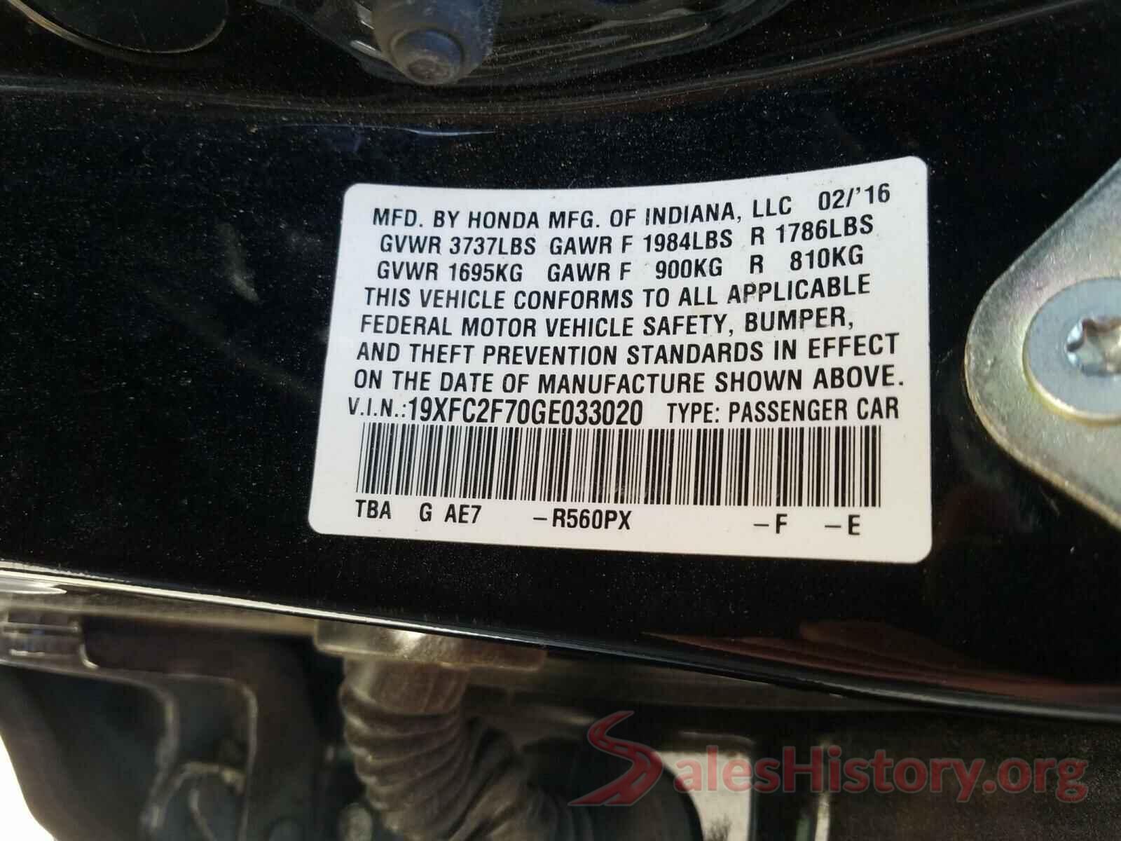 19XFC2F70GE033020 2016 HONDA CIVIC