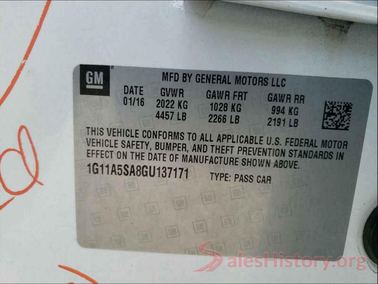 1G11A5SA8GU137171 2016 CHEVROLET MALIBU