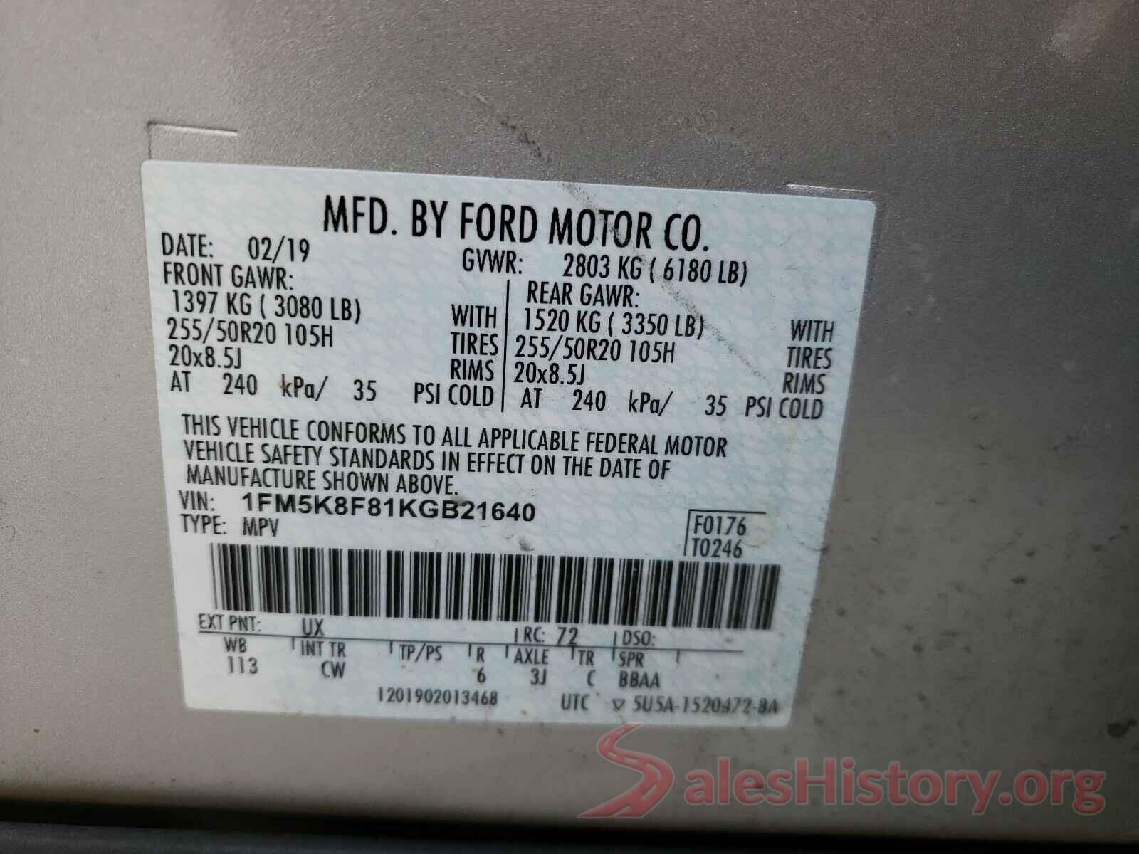 1FM5K8F81KGB21640 2019 FORD EXPLORER