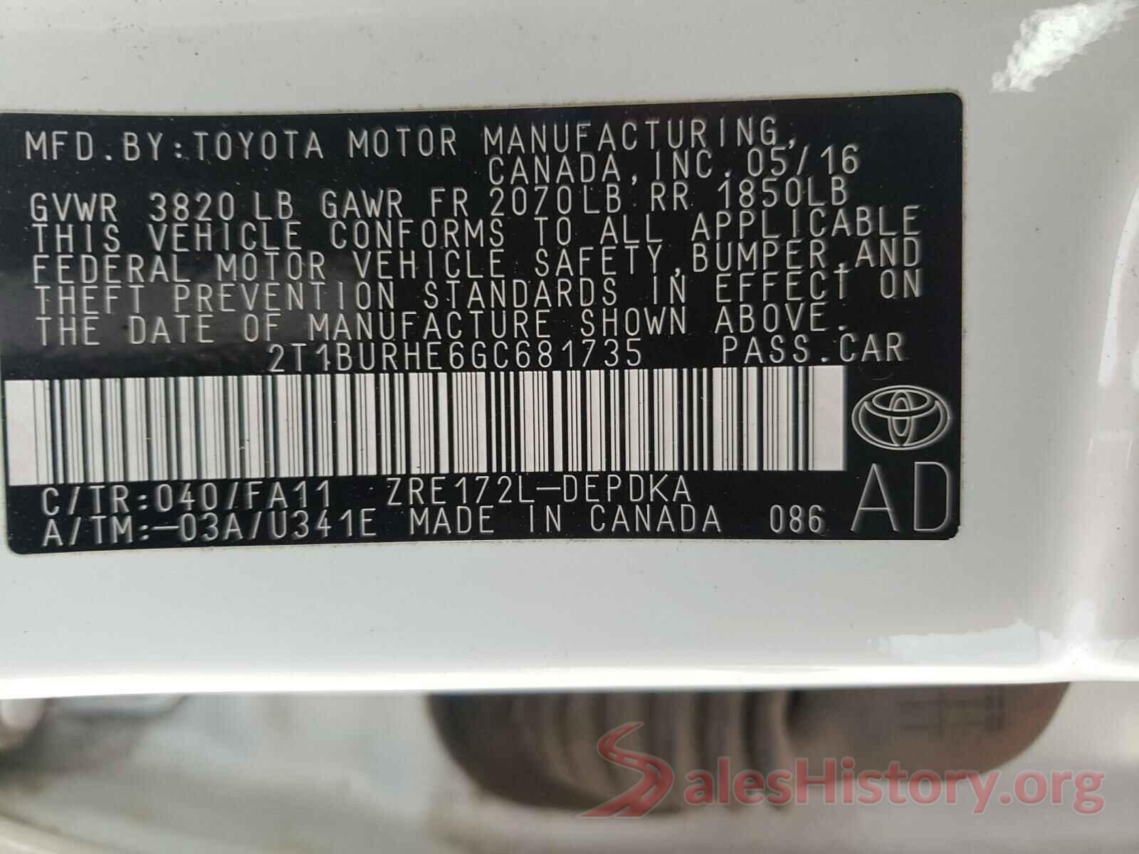 2T1BURHE6GC681735 2016 TOYOTA COROLLA