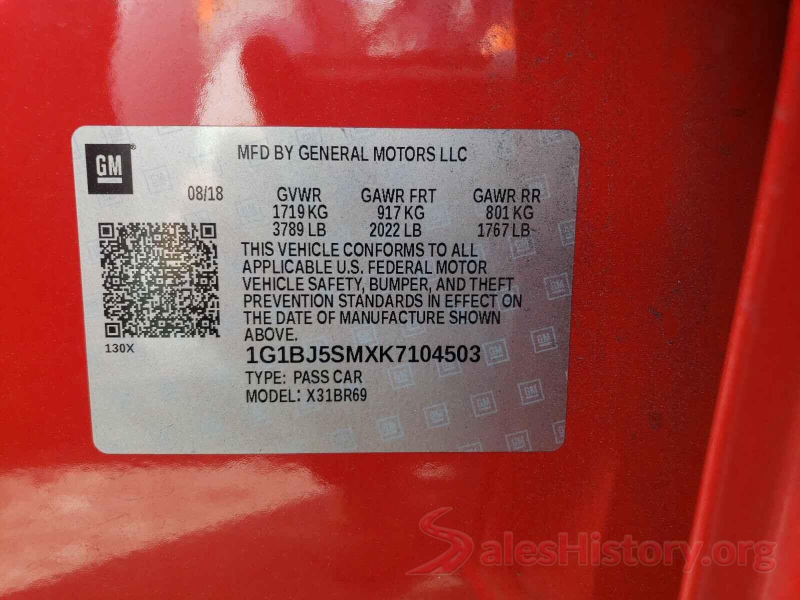 1G1BJ5SMXK7104503 2019 CHEVROLET CRUZE