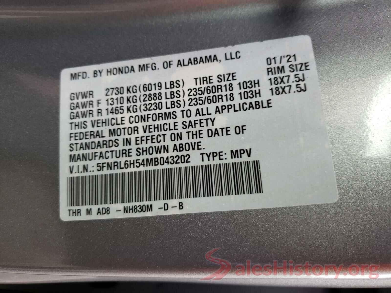 5FNRL6H54MB043202 2021 HONDA ODYSSEY