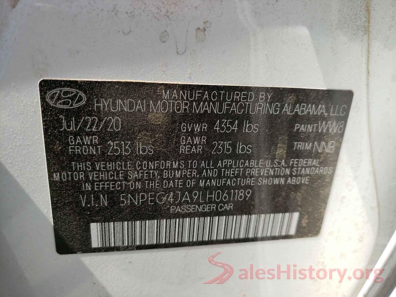 5NPEG4JA9LH061189 2020 HYUNDAI SONATA