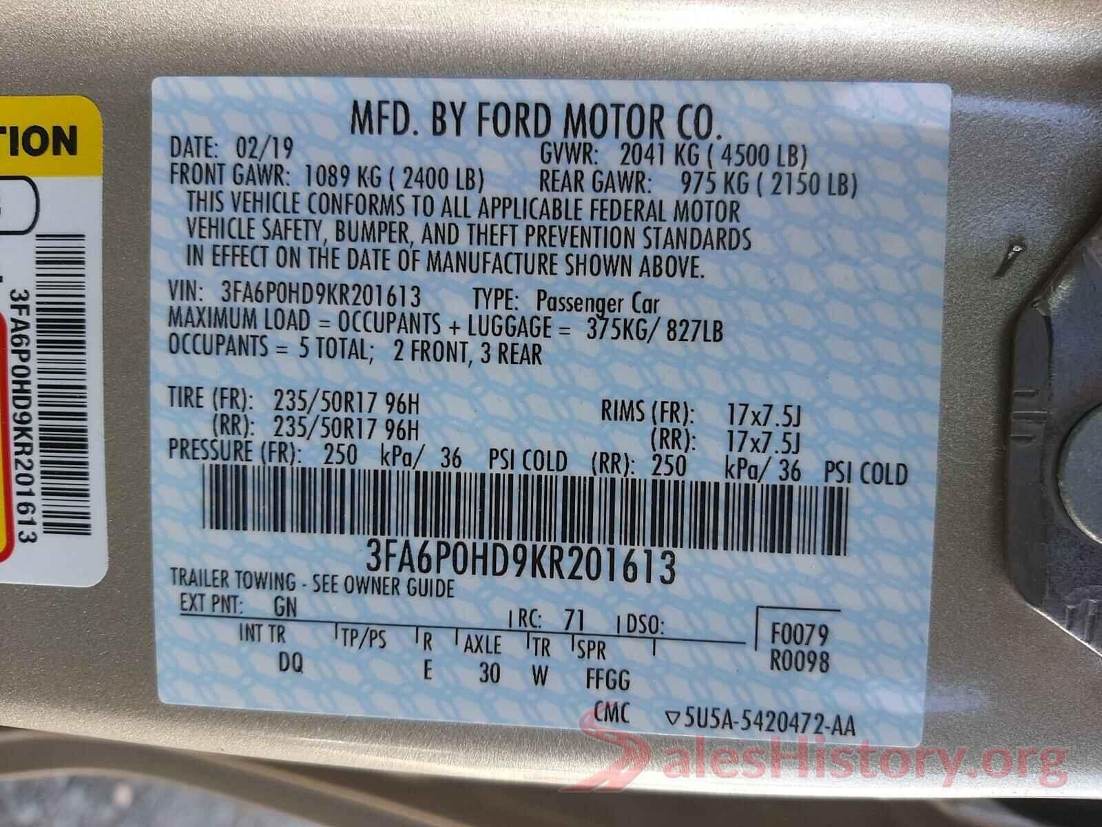 3FA6P0HD9KR201613 2019 FORD FUSION