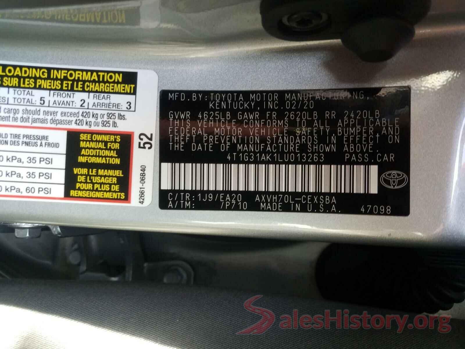 4T1G31AK1LU013263 2020 TOYOTA CAMRY