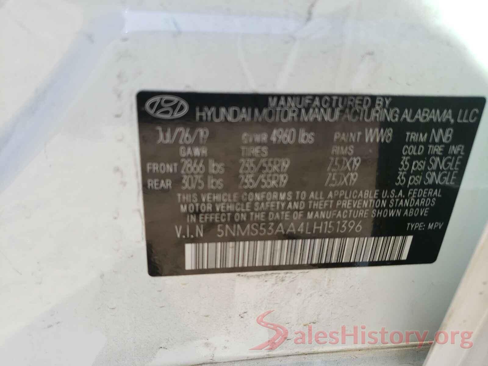 5NMS53AA4LH151396 2020 HYUNDAI SANTA FE