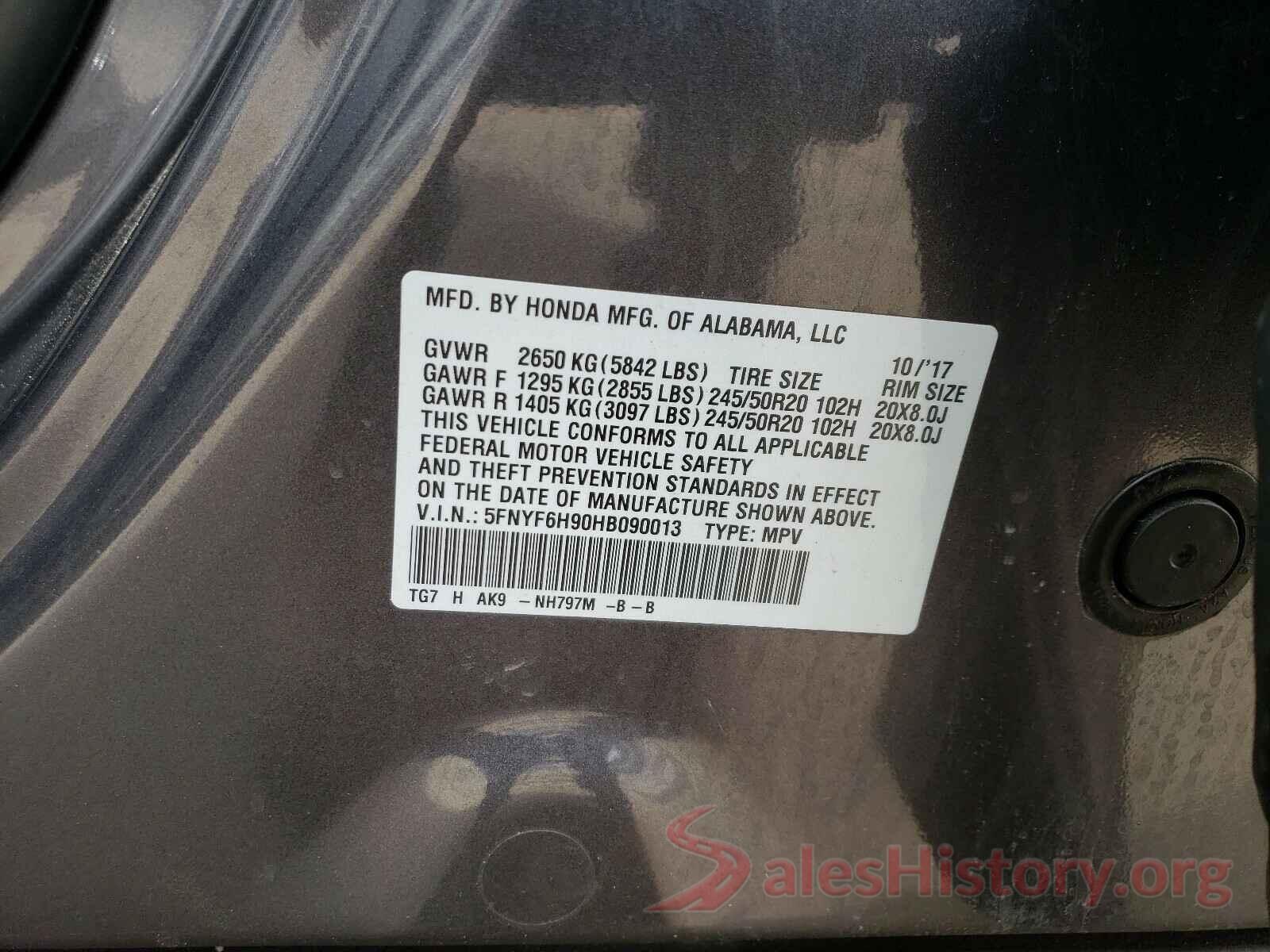 5FNYF6H90HB090013 2017 HONDA PILOT