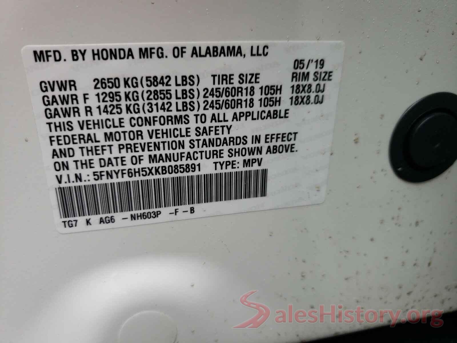 5FNYF6H5XKB085891 2019 HONDA PILOT