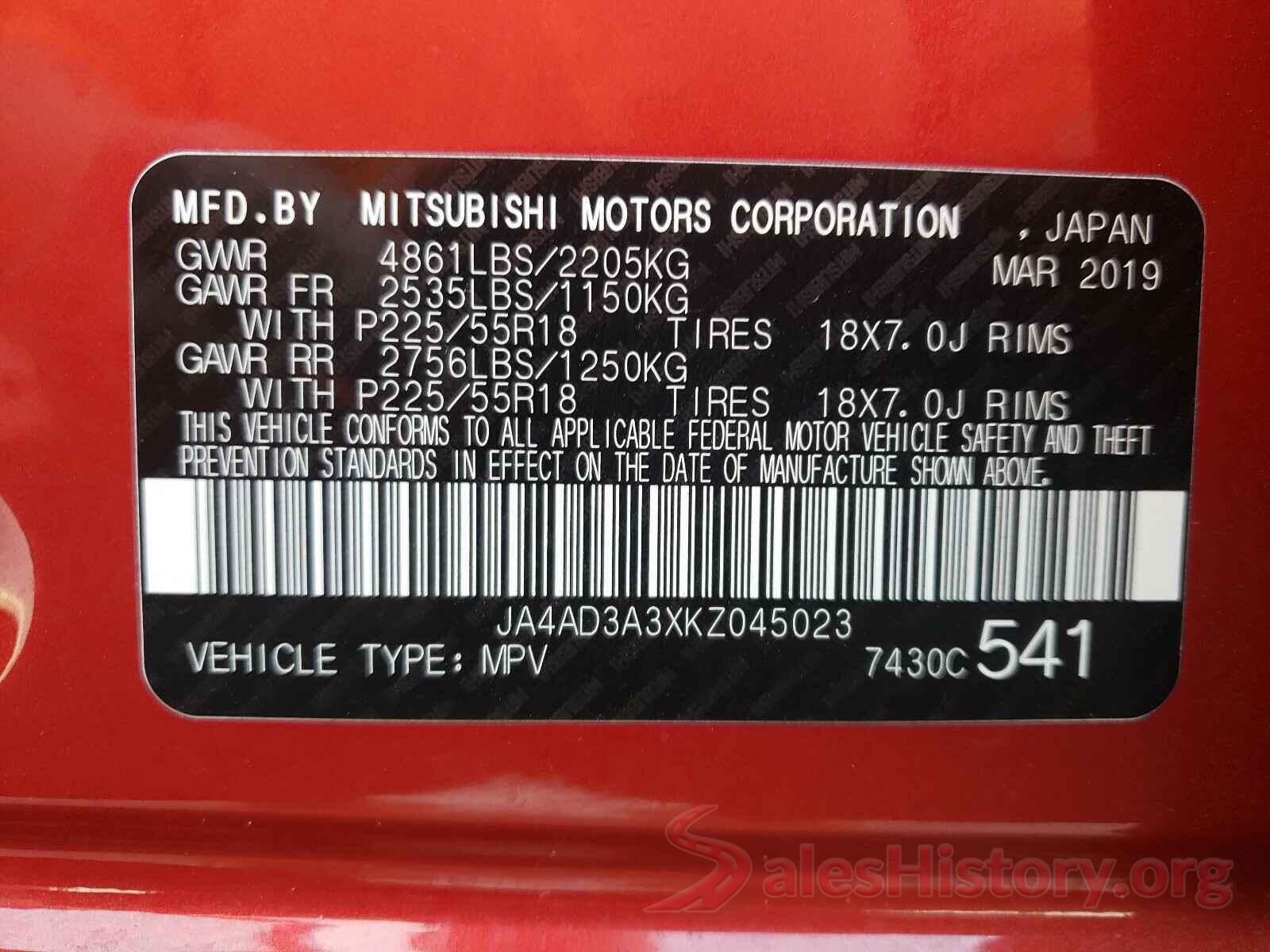 JA4AD3A3XKZ045023 2019 MITSUBISHI OUTLANDER