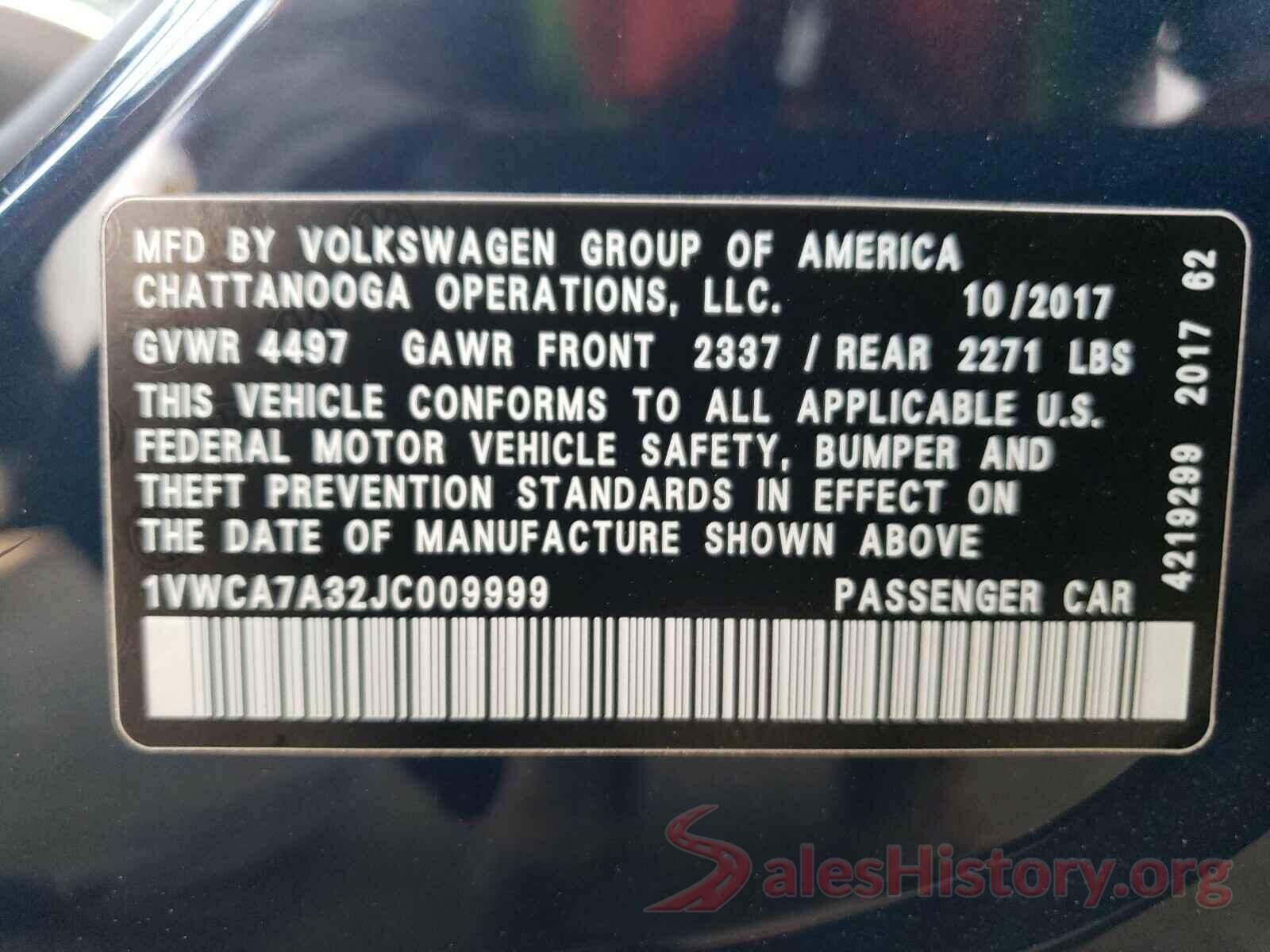 1VWCA7A32JC009999 2018 VOLKSWAGEN PASSAT