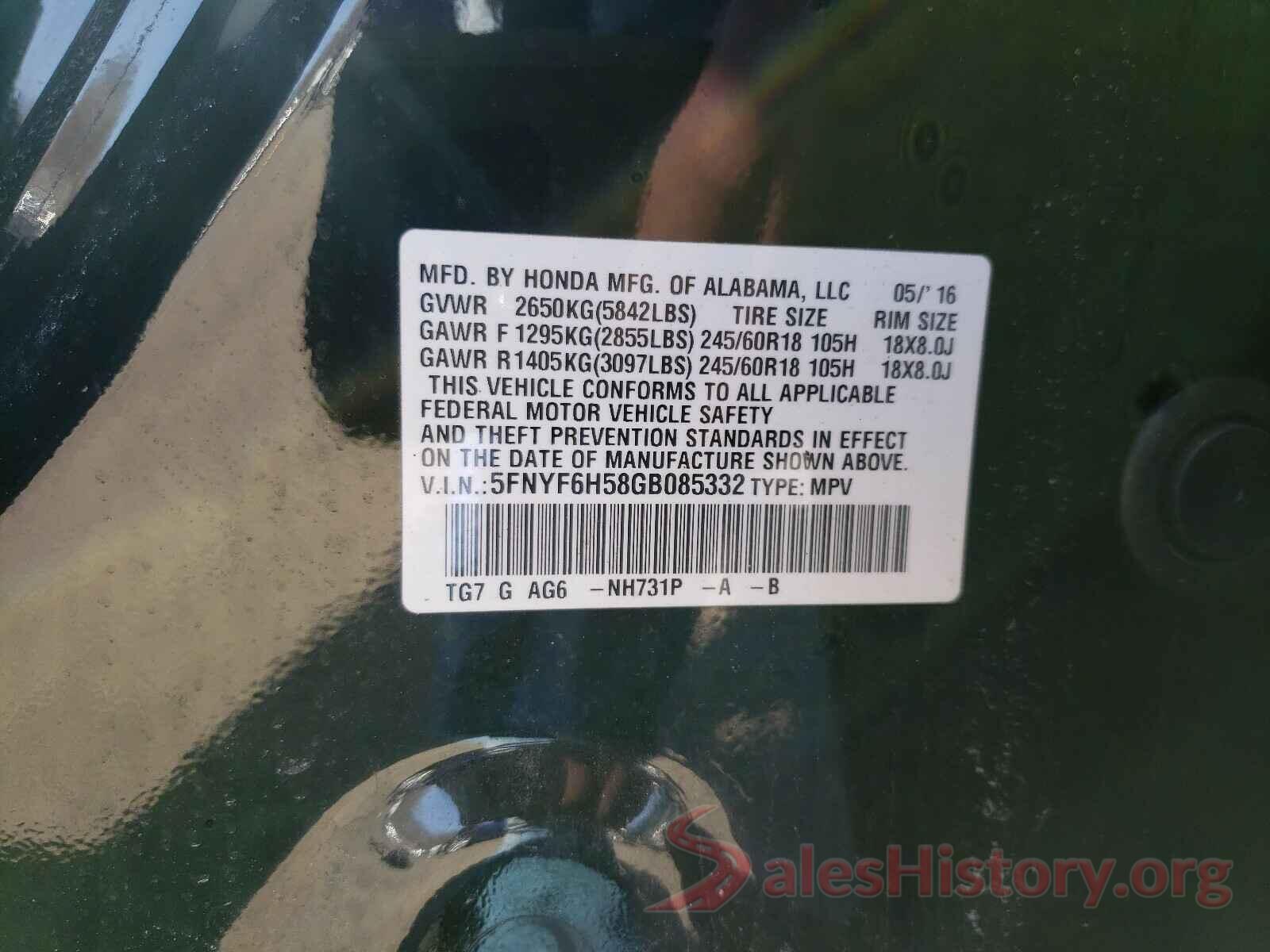 5FNYF6H58GB085332 2016 HONDA PILOT