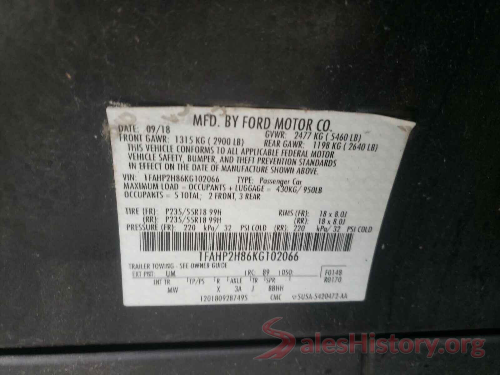 1FAHP2H86KG102066 2019 FORD TAURUS