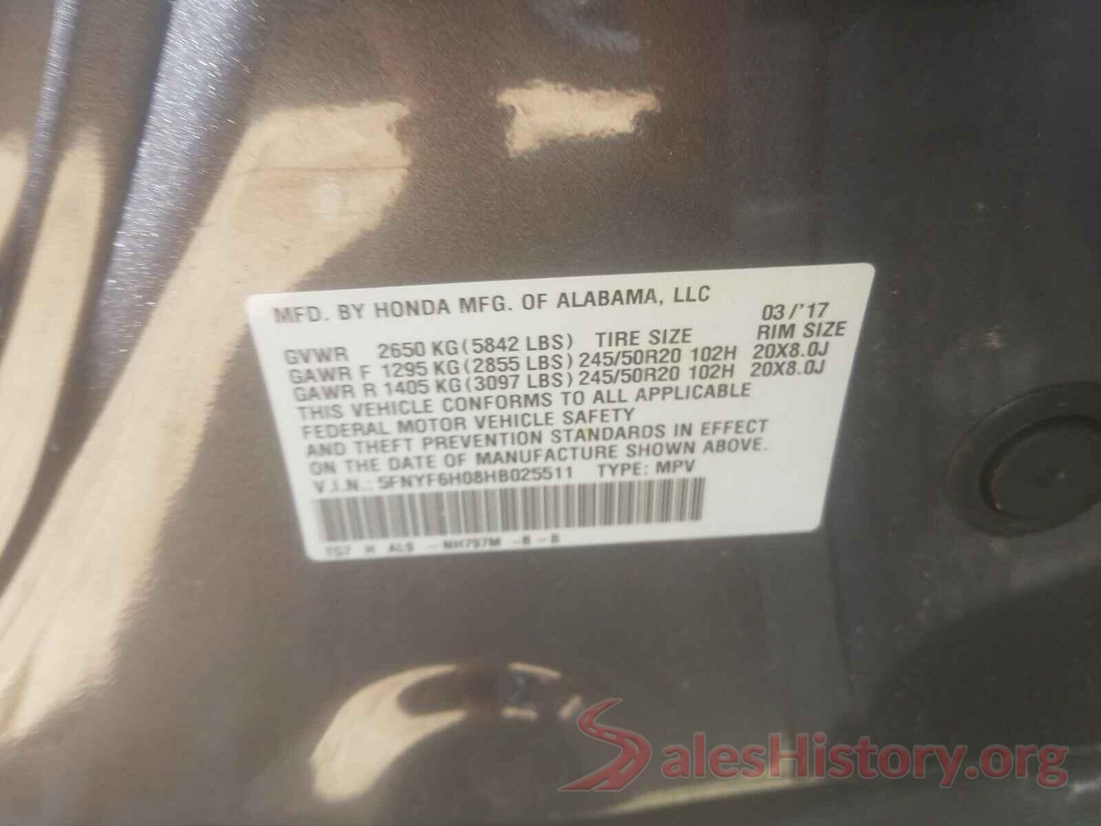 5FNYF6H08HB025511 2017 HONDA PILOT