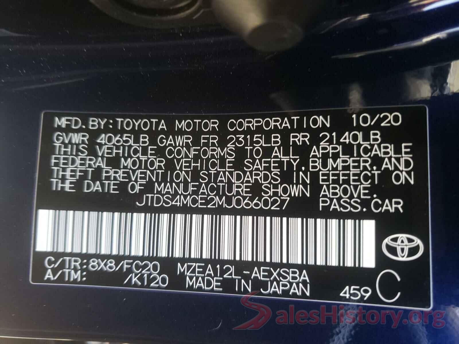 JTDS4MCE2MJ066027 2021 TOYOTA COROLLA