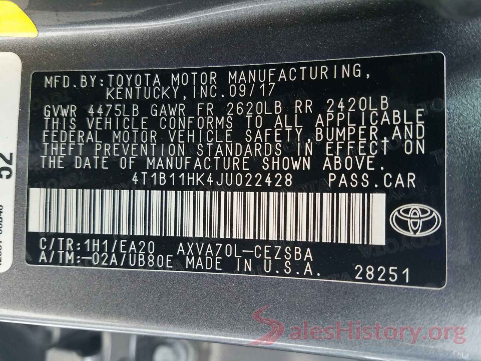 4T1B11HK4JU022428 2018 TOYOTA CAMRY