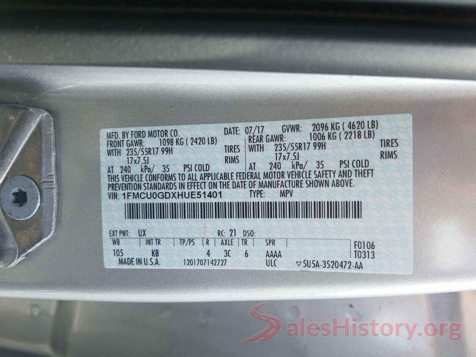 1FMCU0GDXHUE51401 2017 FORD ESCAPE