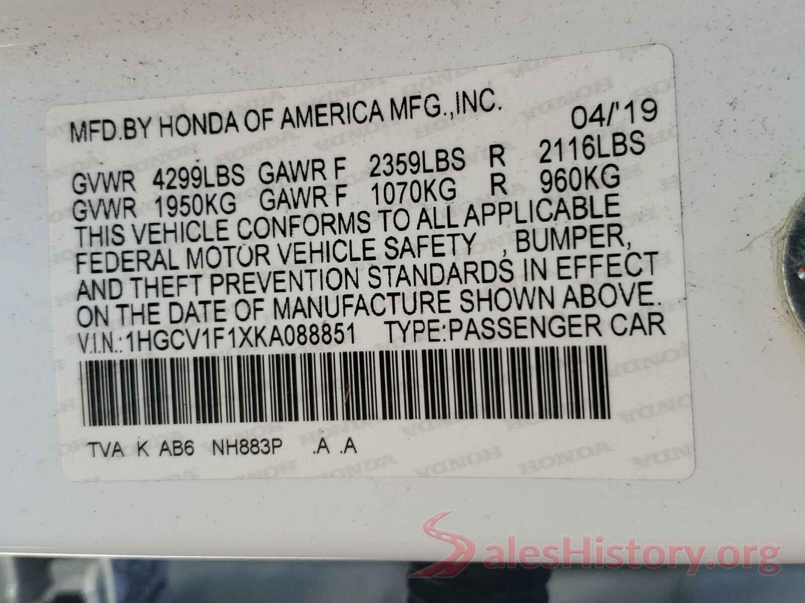 1HGCV1F1XKA088851 2019 HONDA ACCORD