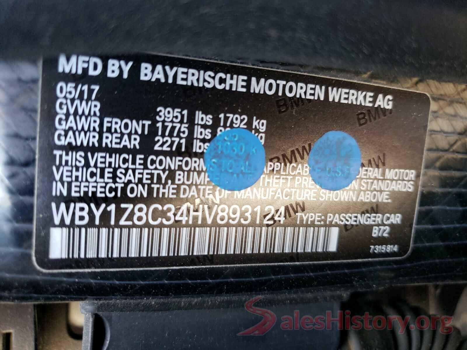 WBY1Z8C34HV893124 2017 BMW I SERIES