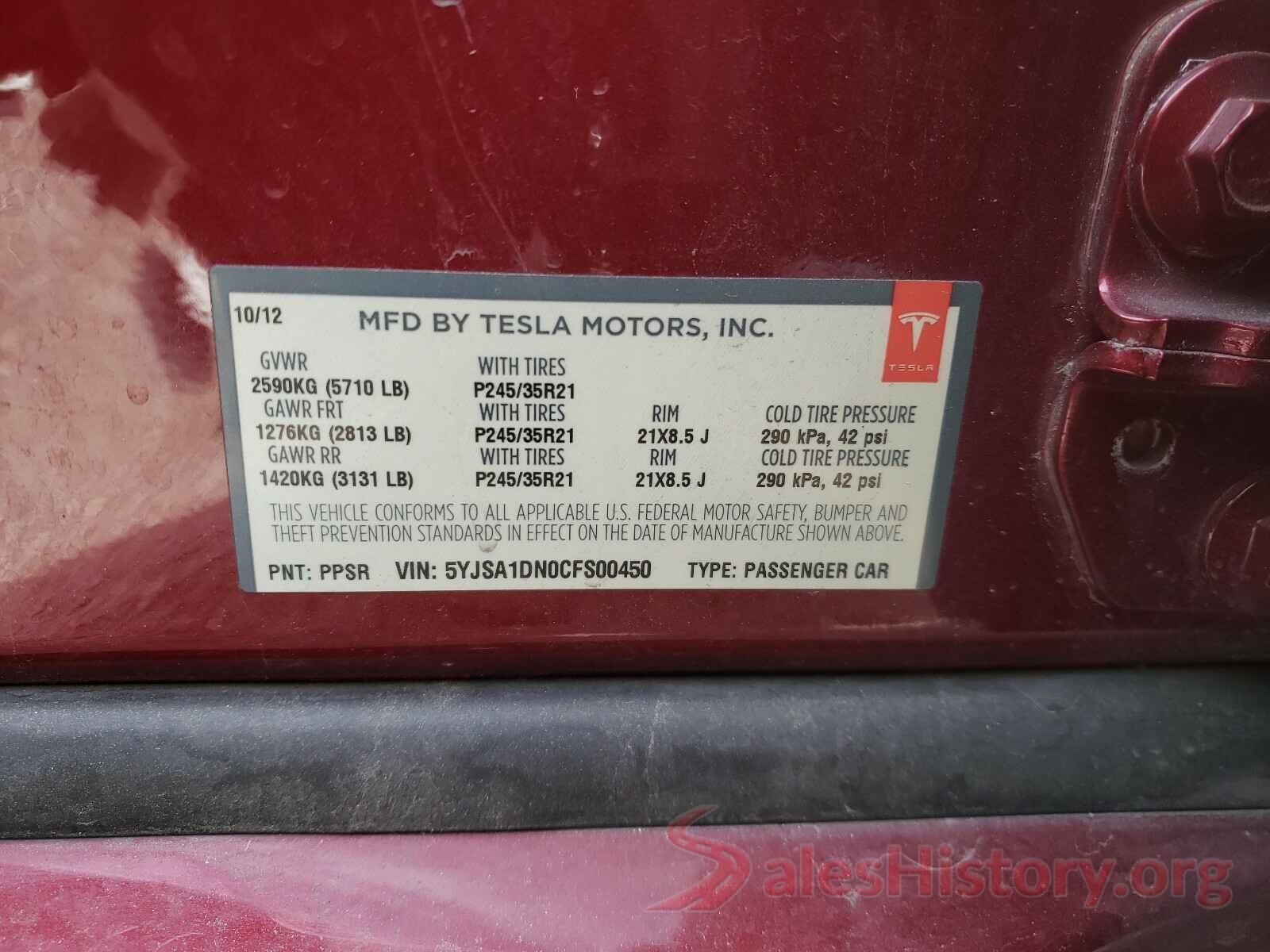 5YJSA1DN0CFS00450 2012 TESLA MODEL S