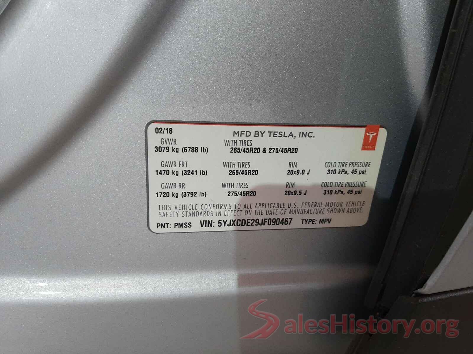 5YJXCDE29JF090467 2018 TESLA MODEL X