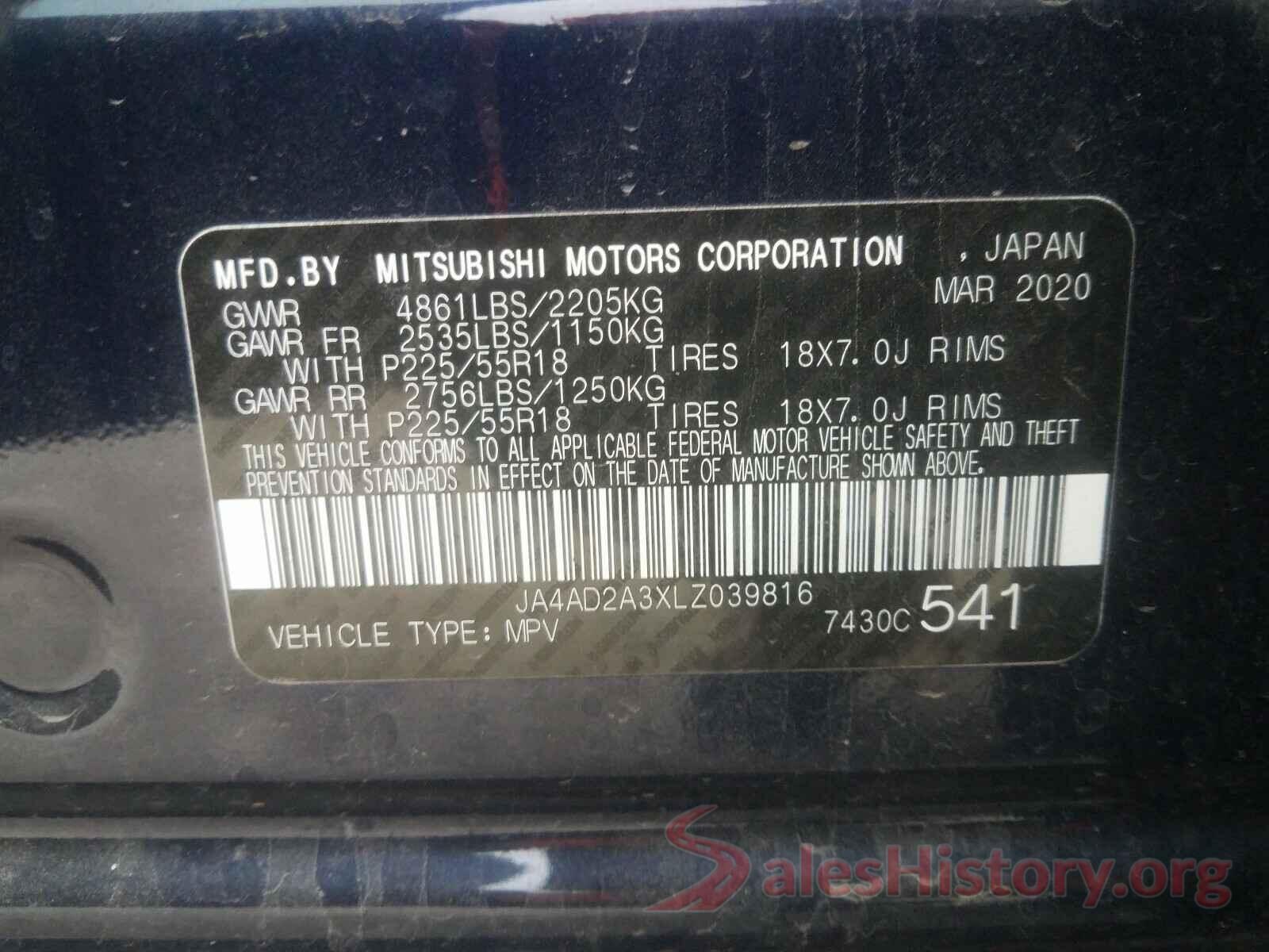 JA4AD2A3XLZ039816 2020 MITSUBISHI OUTLANDER