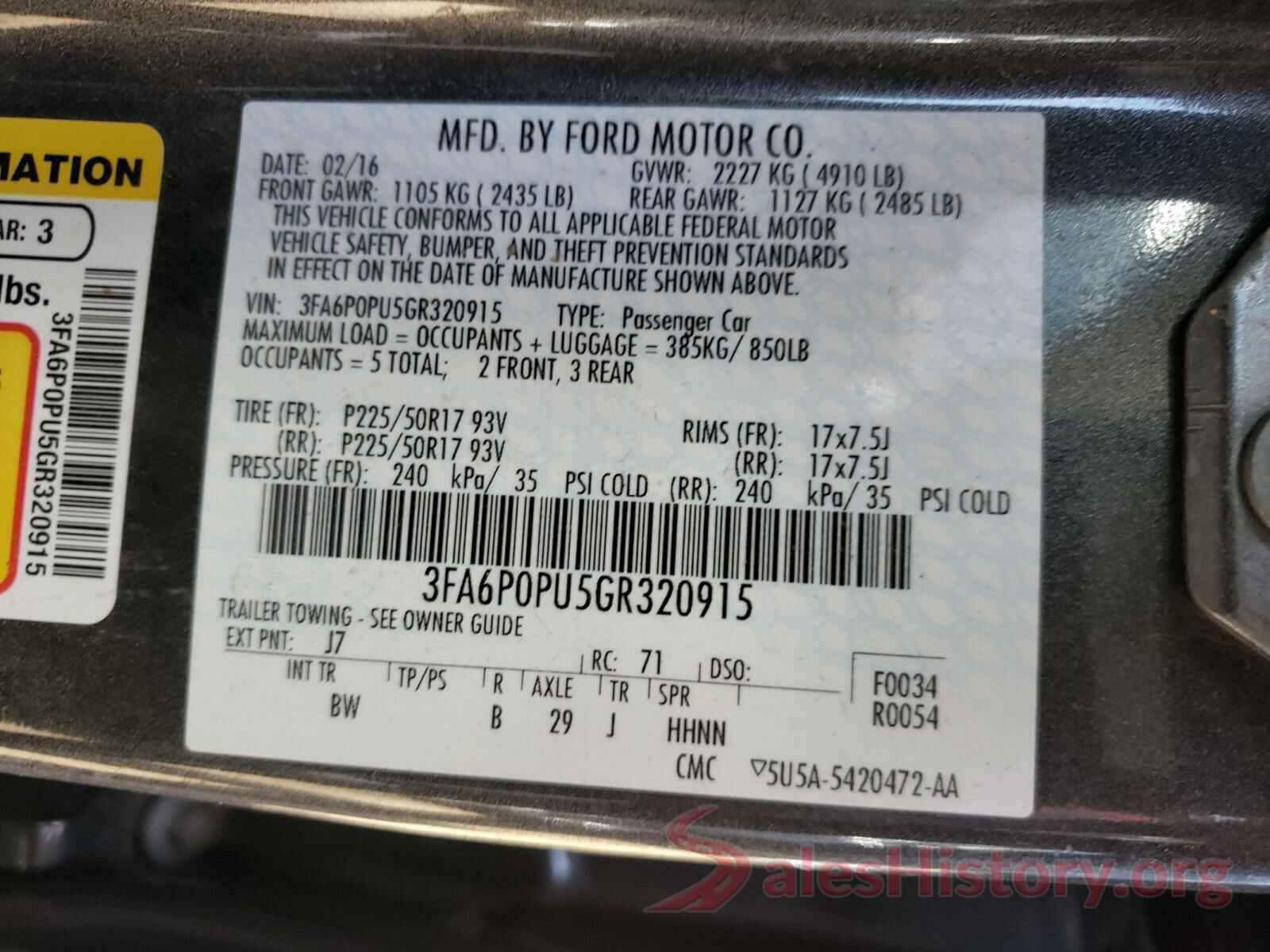 3FA6P0PU5GR320915 2016 FORD FUSION