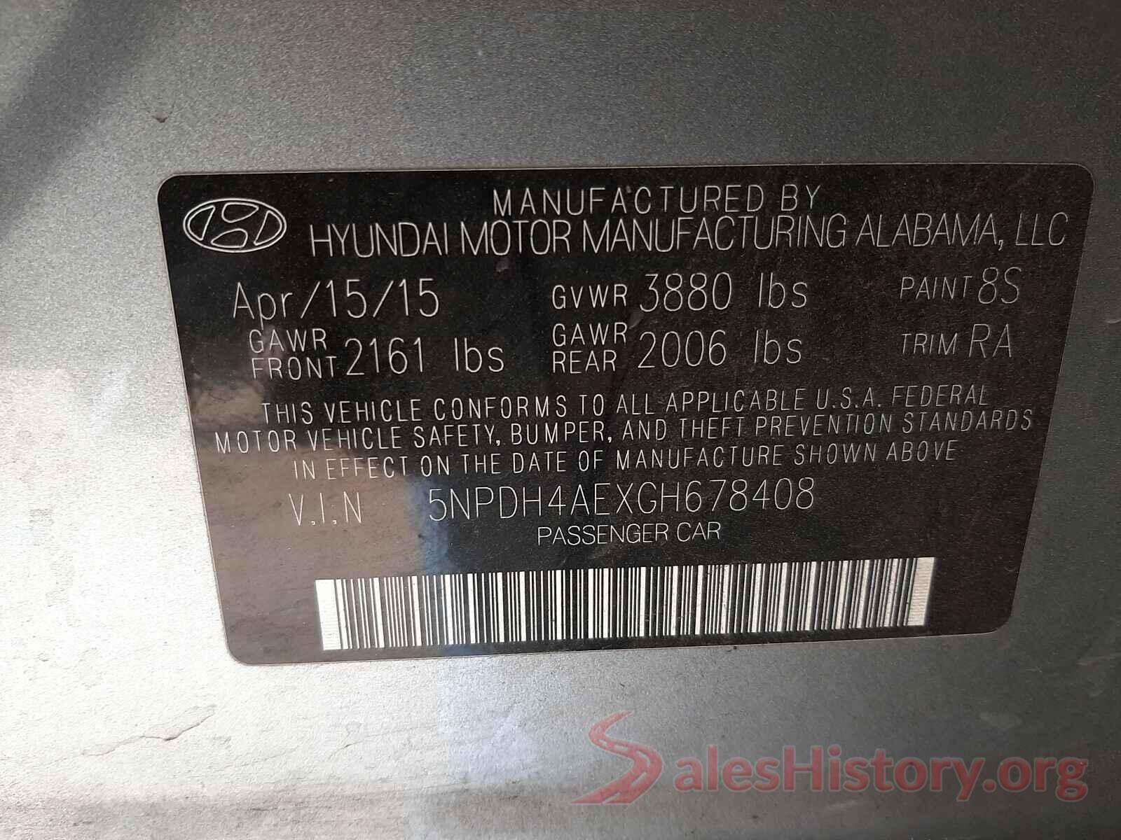 5NPDH4AEXGH678408 2016 HYUNDAI ELANTRA