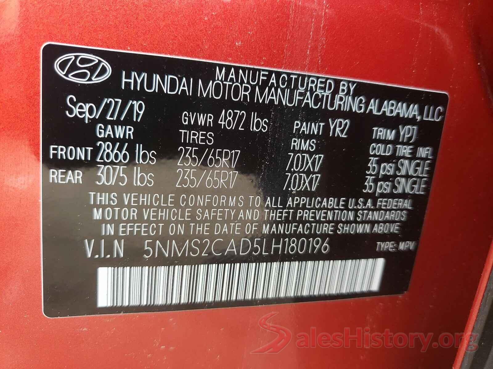 5NMS2CAD5LH180196 2020 HYUNDAI SANTA FE