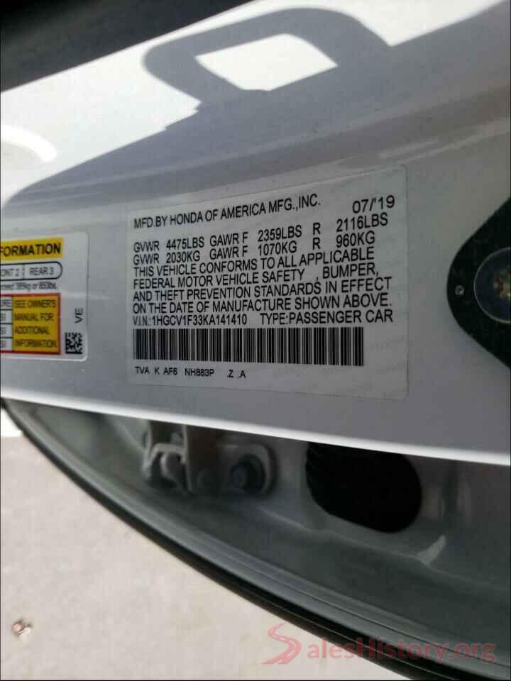 1HGCV1F33KA141410 2019 HONDA ACCORD