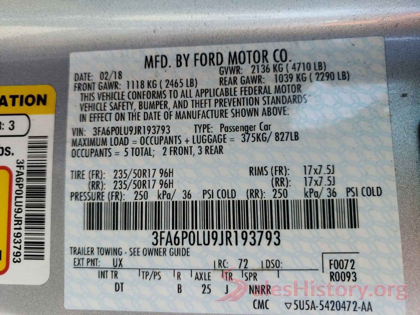 3FA6P0LU9JR193793 2018 FORD FUSION