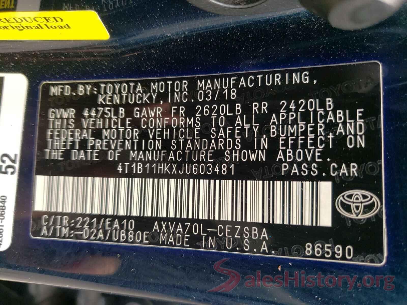 4T1B11HKXJU603481 2018 TOYOTA CAMRY