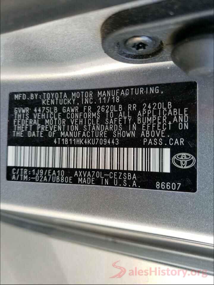 4T1B11HK4KU709443 2019 TOYOTA CAMRY