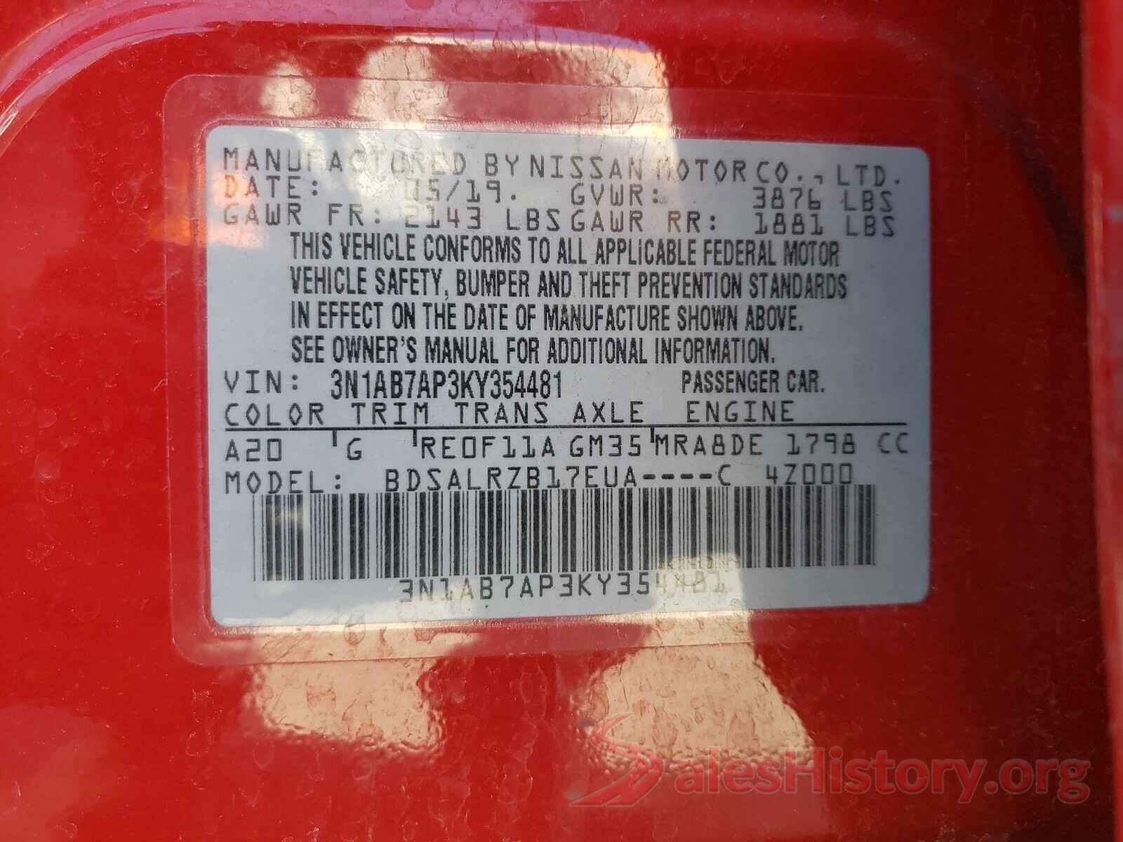 3N1AB7AP3KY354481 2019 NISSAN SENTRA