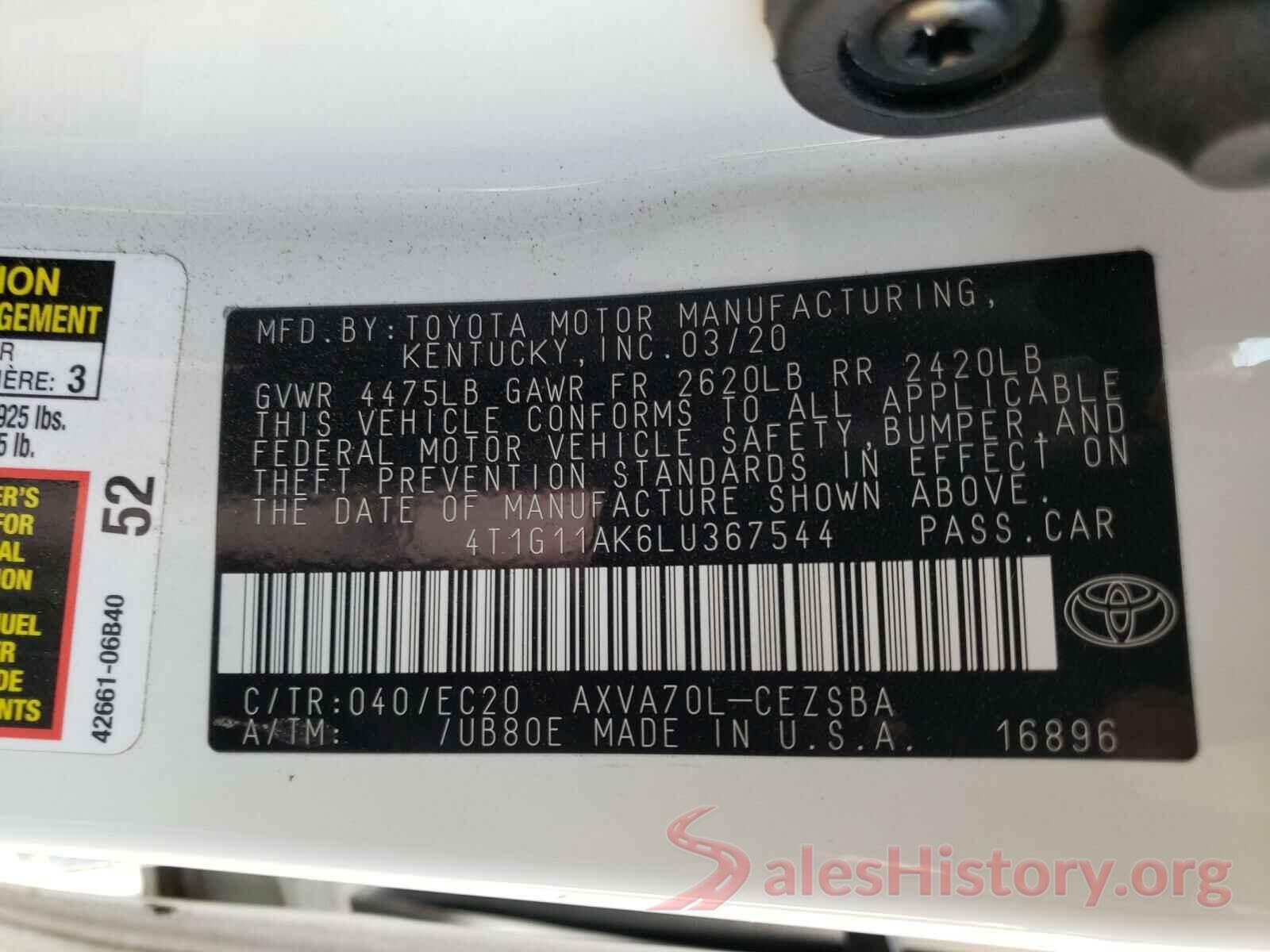 4T1G11AK6LU367544 2020 TOYOTA CAMRY