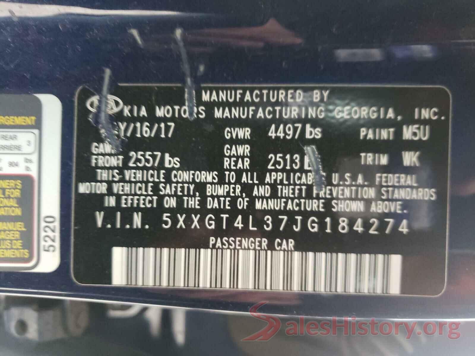 5XXGT4L37JG184274 2018 KIA OPTIMA